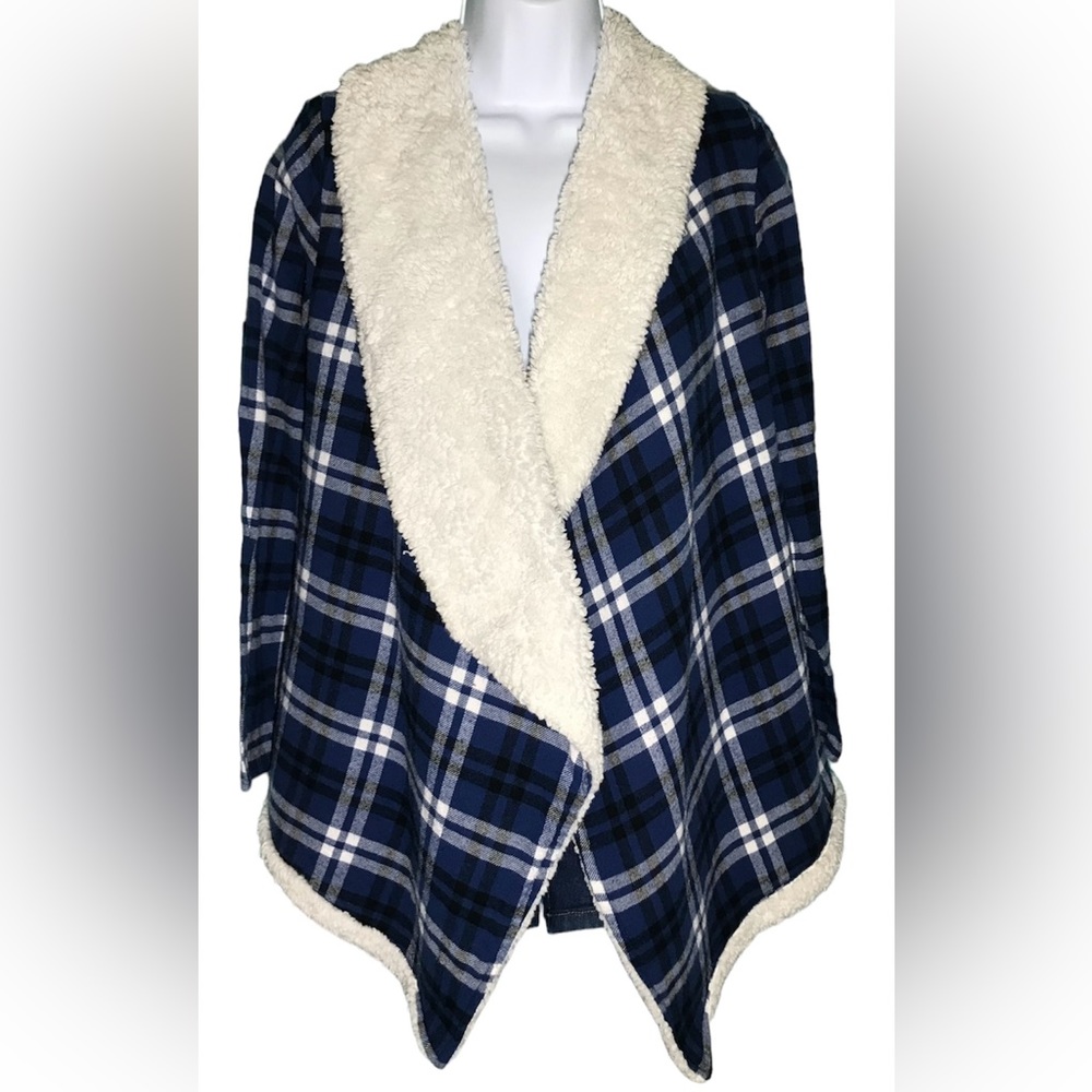 No Boundaries Blue White Plaid Fleece/Sherpa Lined Cardigan Size Small (3-5)